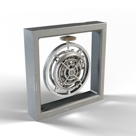 a small precision clockwork mechanism of interlocking gears inside an open rectangular steel frame