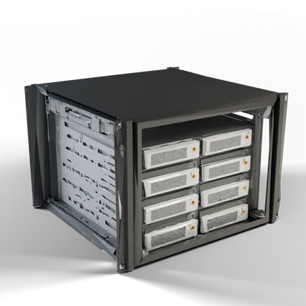 a compact open server rack with four 1U servers, front panels with drive bays and small status lights, cable management at the side