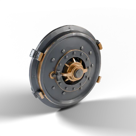 a round bank vault door, thick steel with a central spoked handle wheel and a combination dial, heavy hinges