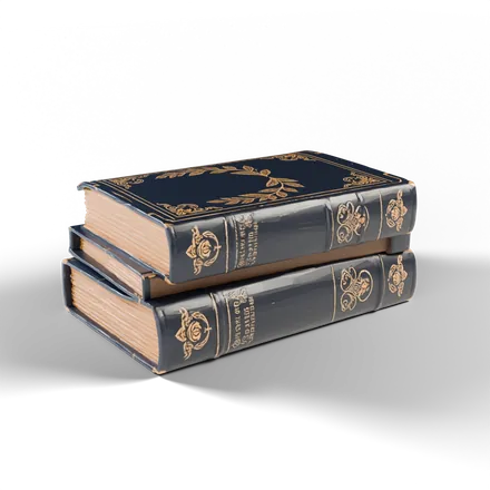 a neat stack of three thick leather-bound hardcover books lying flat, a raised laurel wreath emblem embossed on the top cover, rounded spine