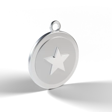 a round tier medal with a raised star, thick rim, ribbon loop on top