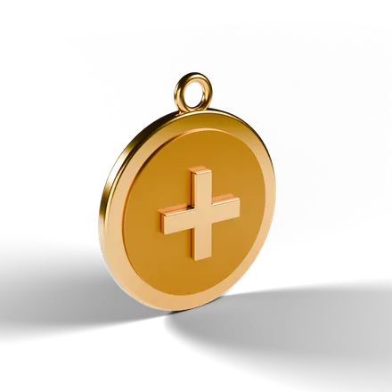 a round tier medal with a raised plus sign, thick rim, ribbon loop on top