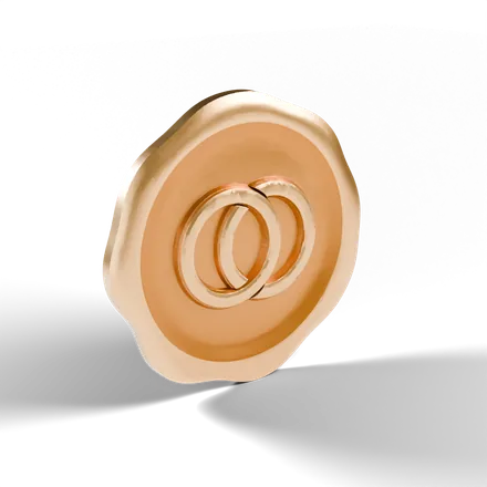 a round wax-seal style medallion with two interlocking rings embossed on it
