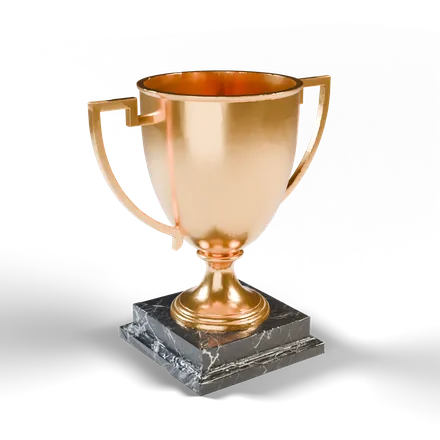 a modern minimalist trophy cup on a square plinth, slender handles