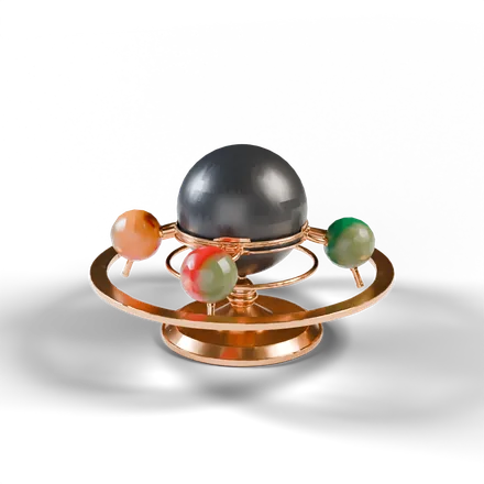 an orrery: a central sphere with four smaller spheres on thin brass orbit rings